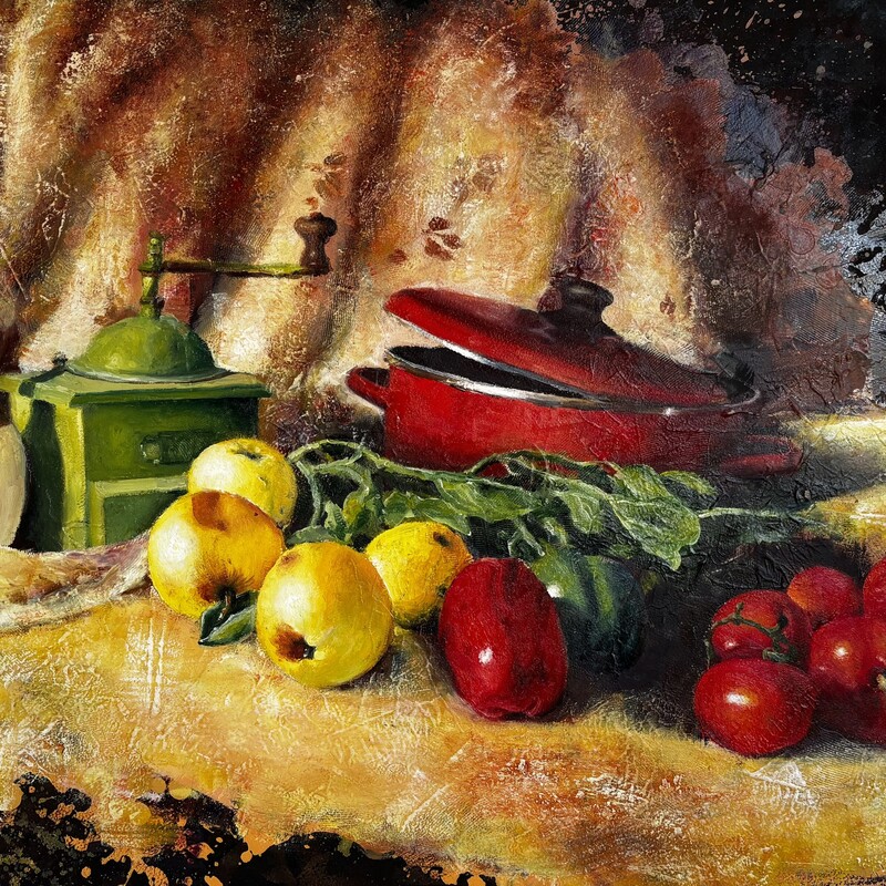 Bodegón con molinillo,  
Mixta sobre tabla,  
68x88 cm