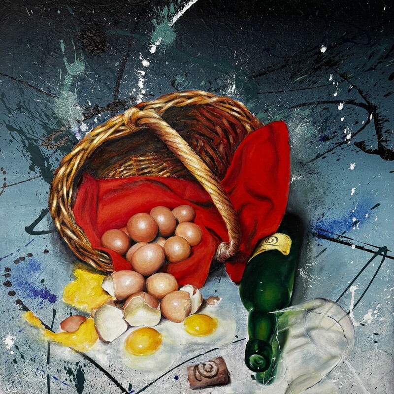 Bodegón roto,  
Mixta sobre tabla,
80x100 cm