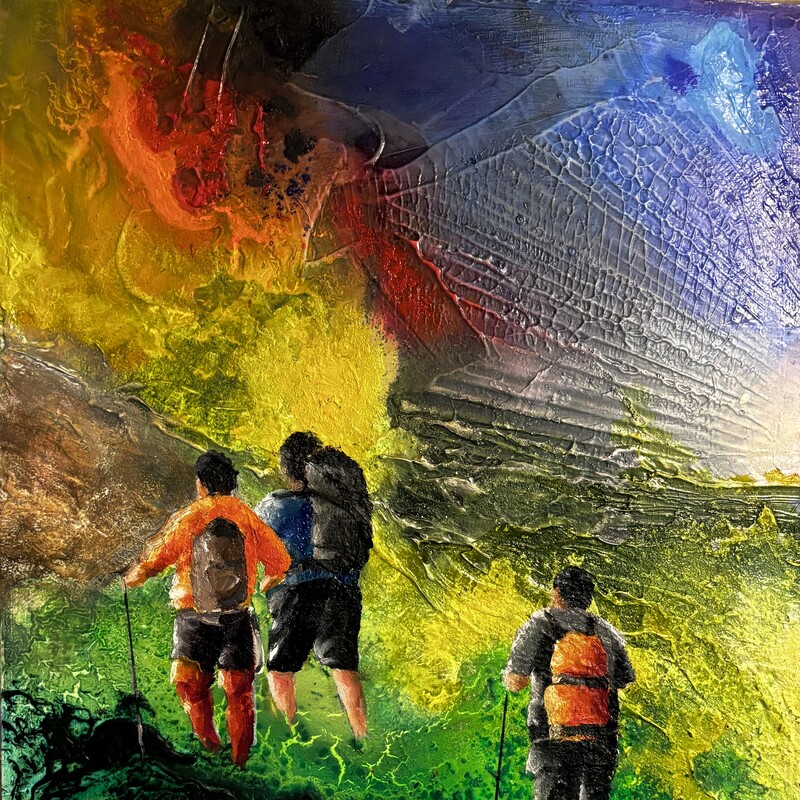 Montañeros,
Mixta sobre tabla,  
40x33 cm